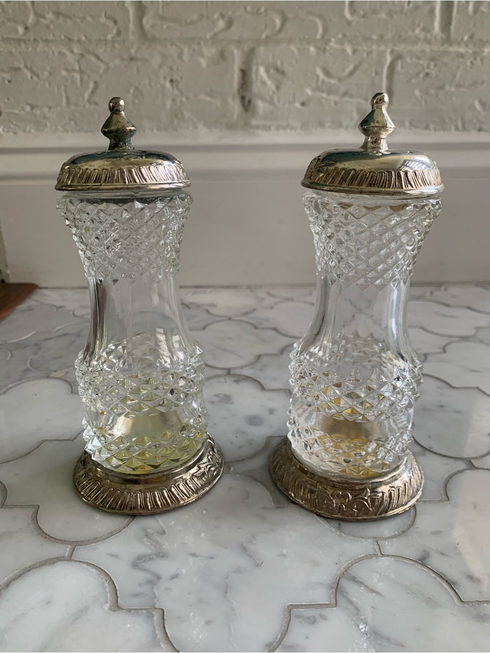 Antique Clear Cut Glass Salt & Pepper Shakers by Holiday Imports